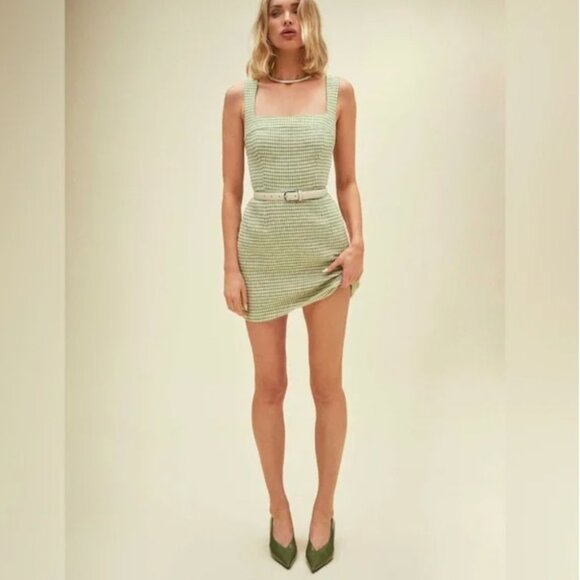reformation celosia linen mini dress Reformation Celosia Gingham-jacquard Linen Mini Dress Green Reformation